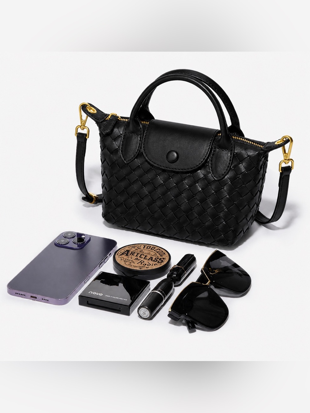 Woven Top-Handle Crossbody Bag in Black